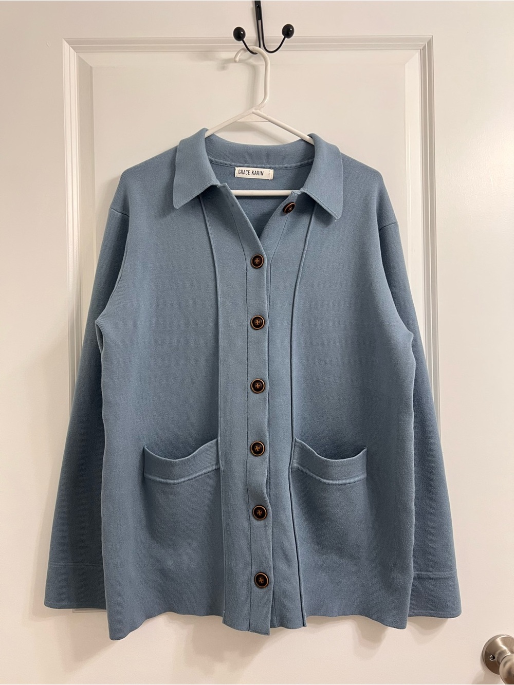 NWOT Grace Karin Dusty Blue Button Down Knit Cardigan Coastal Cozy GrandmaCore